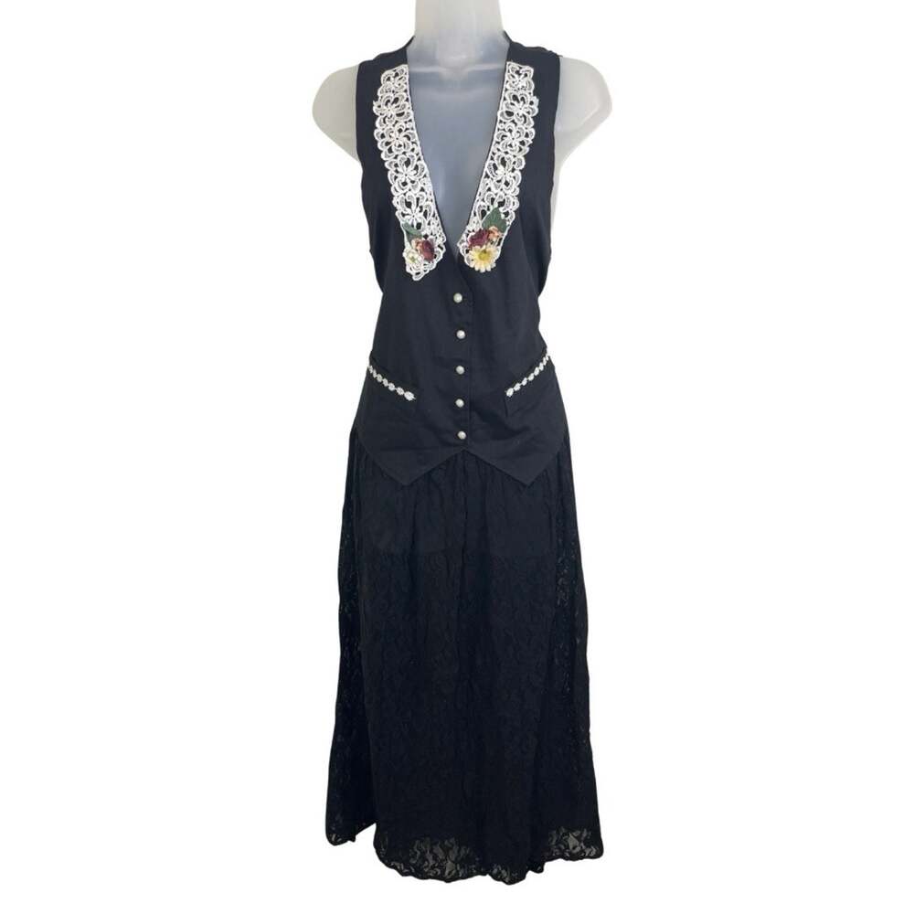 Somebodys Vintage 90s Lace Maxi Dress Womens M/L Black Vest Floral Whimsigoth